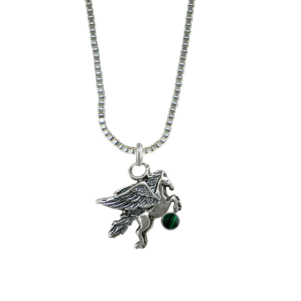 Sterling Silver Little Winged Horse Pegasus Pendant With Malachite